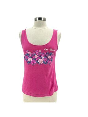 Vintage Lifestyles Womens Medium Tank Top Las Vegas Puff Print Roses Floral Pink